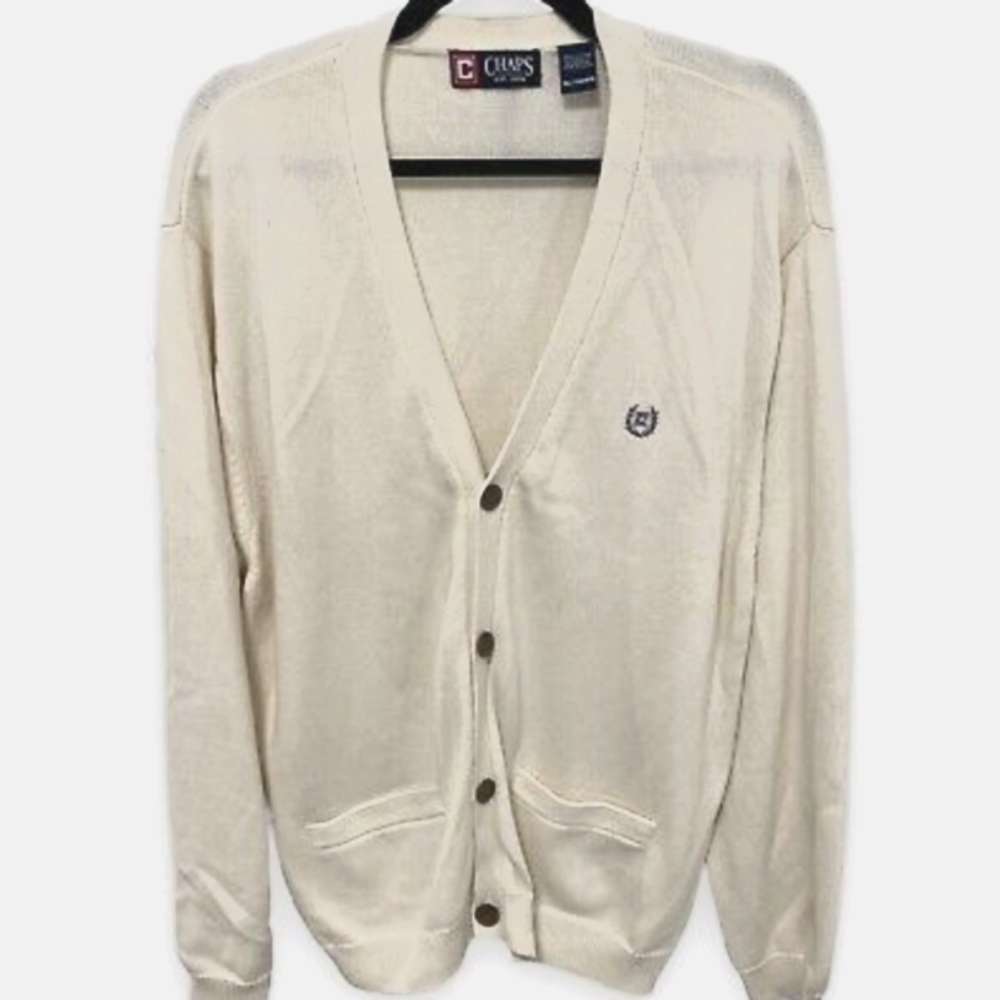 Chaps Ralph Lauren Mens Cream Button Up Classic Cardigan Sweater V-Neck Knit-L - Picture 2 of 8